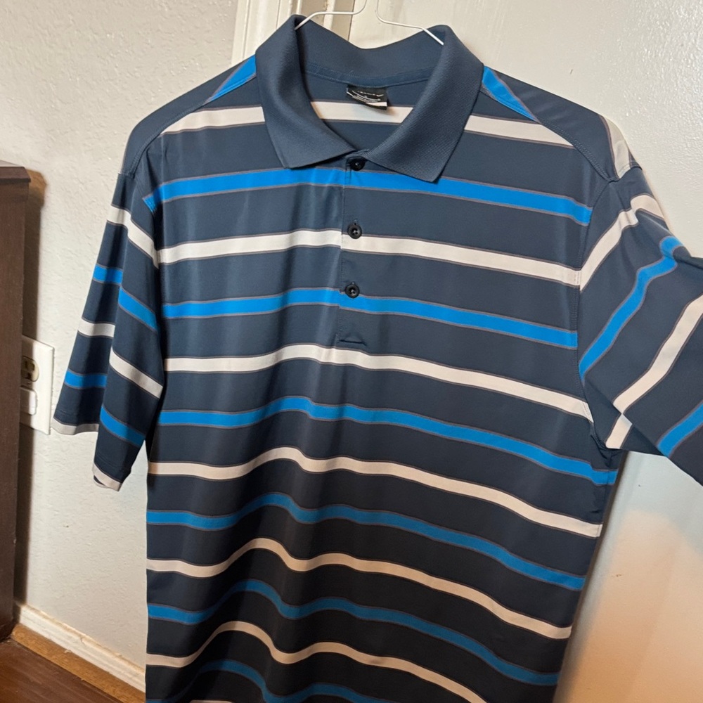 Nike Men's Polo Shirt - Blue, Gray, and White Stripes